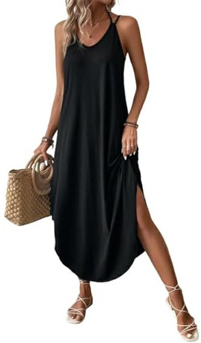 Chicrise Women Dresses Summer V-Neck Maxi Dress Sleeveless Loose Long Beach Sundress Split Casual