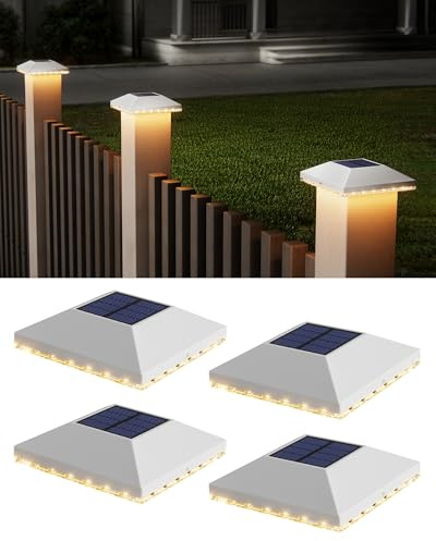 JACKYLED Chapeau de Poteau Solaire 7x7 8x8 9x9 10x10, Lot de 4 Lampes Solaires IP65 Étanches pour Poteaux en Bois, Jardin, Terrasse, Plateforme (Lot de 4 pièces-blanc)