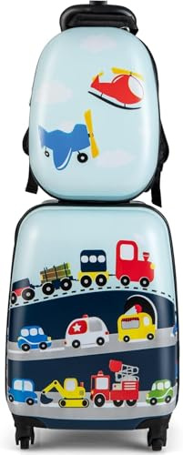 MonTravel Set Trolley per Bambini 2 Pezzi Valigia Rigida e Zainetto Coordinato Bagaglio a Mano con Ruote Girevoli per Viaggio Scuola e Tempo Libero 46,5x22x32,5 cm Fantasia Traffic