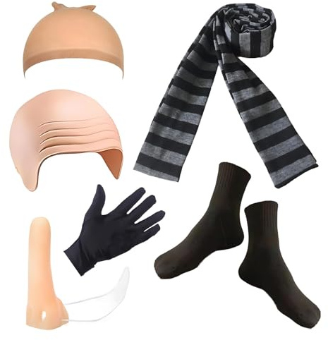 6 Piece Bald Hat Set, with Bald Wig and Accessories, Headband, Skin Tone Hair Net, Nose, Black l-Shaped Hands, Black Socks, Perfect for Halloween Parties and Role-Playing Ev