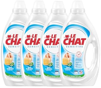 Le Chat, Lessive liquide, Sensitive, Savon de Marseille & Aloe Vera, respecte les peaux sensibles, sans conservateurs, Parfum Hypoallergenique, Teste dermatologiquement, 4x24 lavages