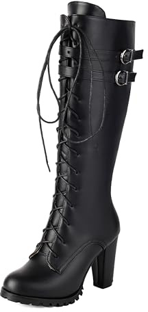 BEAUPAS Women's Knee High Combat Boots Lace Up Block Heel, Black, 8