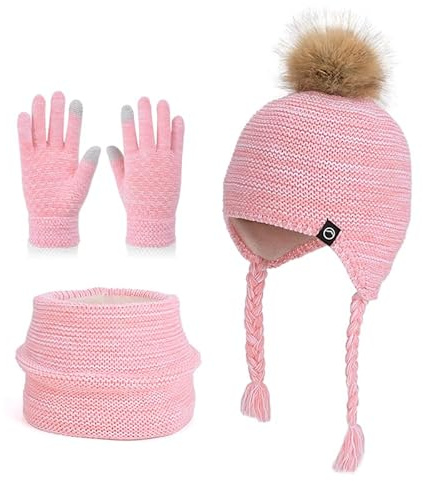 QKURT Conjunto de Gorro, Bufanda y Guantes de Invierno para Niños, Gorro de Punto Térmico de Invierno para Niños, Cuello Caliente, Guantes Táctiles Suaves y Cálidos, para Niños de 4 a 10 Años.