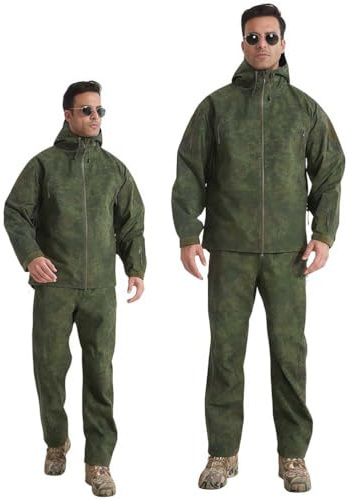 RVUEM Costume Tactique Hardshell 3 Couches Homme, Veste de Pluie Imperméable et Coupe-Vent et Pantalon à Coutures Scellées, Ensemble de Combat Toutes Saisons pour Chasse Randonnée,Vert,3XL