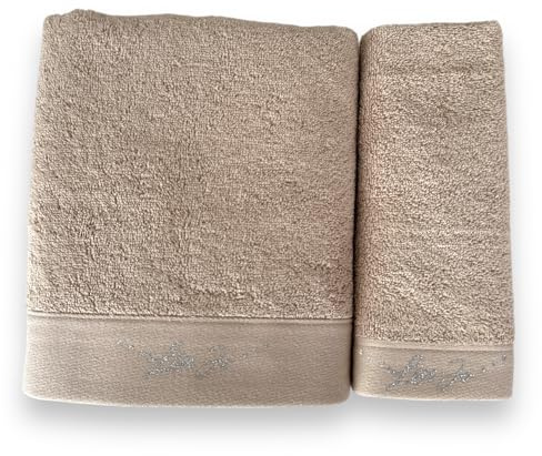 Liu Jo Milano Set Asciugamani Art. Happy in Spugna 100% Cotone – Asciugamano Viso 55x100 e Ospite 38x58 – Logo Lurex – In Scatola (Sabbia)