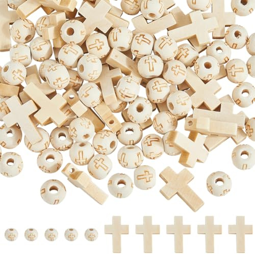 SUNNYCLUE 1 scatola 200 pezzi Croce Perline di Legno Rotonde con Croce Pasqua Piccola Minuscola Rosario In Legno Beige Crocifisso Croci Distanziatori Sciolti per La Creazione di Gioielli Collane Bracc
