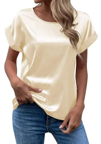 Blusa de seda para mujer, manga corta, elegante, de verano, de seda, cuello redondo, holgada, monocolor, camisas, blusas de satén, blusa, #009, XXL