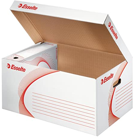 Esselte Standard Archiv- und Transport-Container, Mit Klappdeckel, Ablagebox für Esselte Archiv-Schachteln 6 x 80 mm/5 x 100 mm, Aufbewahrungsbox mit geometrischem Design, Weiß/Rot, 128900