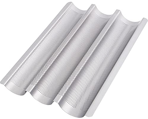 GOURMEO Teglia per Pane con Stampi antiaderenti in argento - 38,5cm x 28,5cm x 3,5cm- Forme per Pane da Forno per 3 baguette - Stampo per Baguette fai da te a Casa