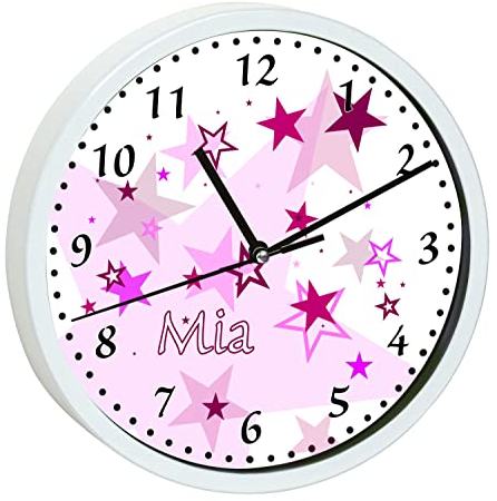 CreaDesign, Wanduhr für Kinderzimmer Sterne rosa, Kinderuhr weiß mit Quarz Uhrwerk, personalisiert mit Name, Durchmesser 19,5 cm