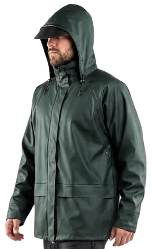 NEO TOOLS Chubasquero con capucha para hombre, exterior de poliuretano y PVC, forro 100% poliéster 310 g/m2, costuras selladas, cremalleras y bolsillos protegidos el agua, ventilación, talla M