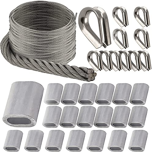 OPIOL QUALITY® 40m Drahtseil Weich 7x19 5mm, 20x Pressklemme Aluminium 5mm, 10x Kausche 5mm ähnl. DIN 6899 Edelstahl A4 Set Drahtseil Seil Kabel Seilklemme Seil Kasuchen Klemme Rankhilfe Sonnensegel