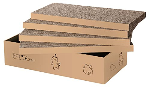 4 Packs in 1 Cat Scratch Pad with Box, Cat Scratcher Cardboard,Reversible,Durable Recyclable Cardboard, Suitable for Cats to Rest, Grind Claws and Play with Scratch Box