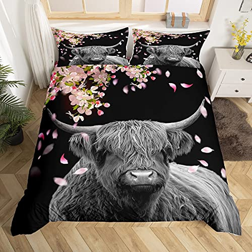 Loussiesd Highland Cow Bedding Set Western Bedding & Linen for Kids Adults Cherry Blossoms Duvet Cover Pink Petals Wild Animal Portrait Bedding & Linen 3Pcs With 2 Pillow Case Super King