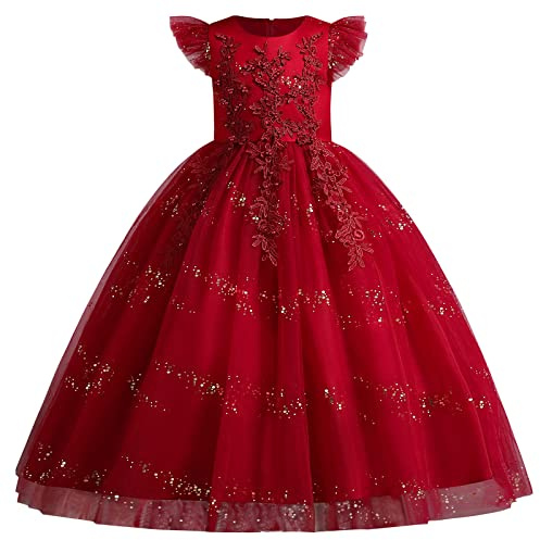 IBTOM CASTLE Filles brodées Princesse Pageant Robes de Bal Manches Volantes Sequin Robe de soirée de Mariage Demoiselle d'honneur Fleur Fille soirée Formelle Tulle Robes d'arc Rouge 11-12 Ans