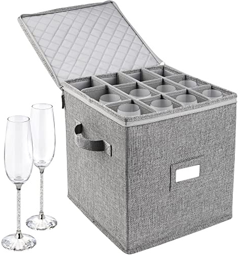 LotFancy Contenitore per flauto da champagne, guscio duro, scatola impilabile con divisori e maniglie, bicchiere da vino, vetro cristallo, custodia per bicchieri per lo spostamento, grigio