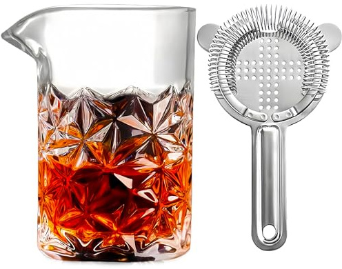 Cocktail Mixing Glass Set with Hawthorne Strainer, 2-Piece Crystal Kit, Bar Trainer, Old Fashioned Mixing Glass