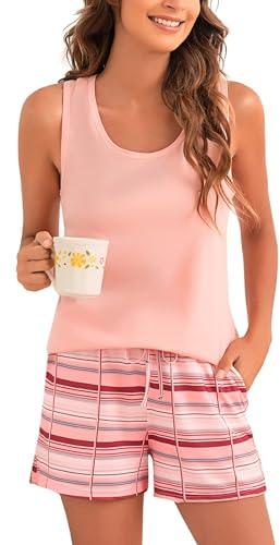 Bresdk Women's Pyjamas Sets Sleeveless Cotton Tank Top with Shorts Cami Sets Sleepwear Short Sleeves PJ Sets Summer Nightwear