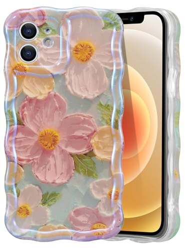 EYZUTAK Case for iPhone 11, Colorful Retro Oil Painting Flower Laser Beam Glossy Pattern Cute Curly Waves Border Exquisite Phone Cover Stylish Durable Soft TPU Protective Case for Girls Women - Green