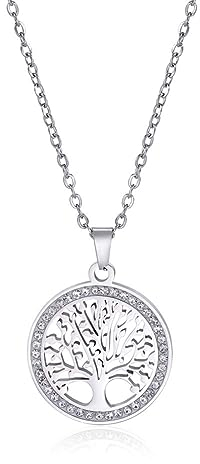 Dreamtimes Tree of Life Necklace for Women Stainless Steel Gold Color Clear Zircon Round Pendant Neck Chains Family Tree Fashion Charm Luxury Jewelry Wedding Gift (Silver)