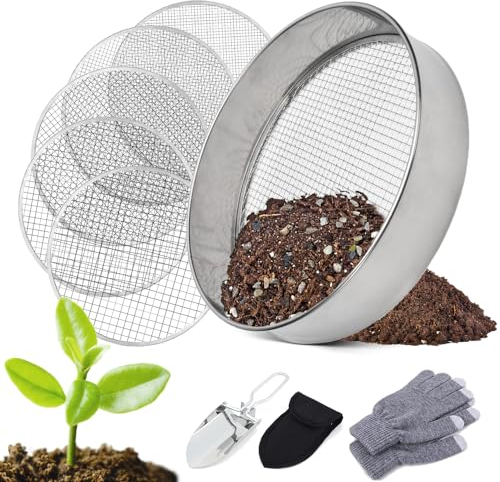 Setaccio Giardino,Setaccio da Giardino Rotondo 5 in1 da 20 cm, con 5 Inserti Intercambiabili Ø 3,6,9,10,12 mm, Setaccio Rotondo in Acciaio Inox,Setaccio per Terriccio, Compost, Sementi