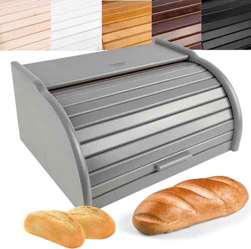 Creative Home Grey Wooden Bread Bin | 38 x 28.5 x 17.5 cm (+/- 1 cm) | Natural Beech Wood | Bread Box Container with Roll-Top Lid | Wooden Kitchen Storage box