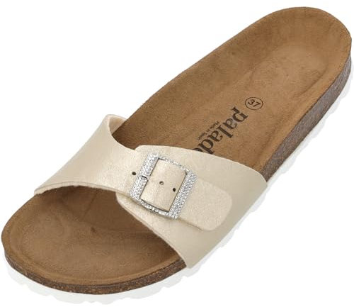 Palado Pantoletten Damen Malta Metallic SQS - elegante Sandalen Made in Spain - bequeme Hausschuhe mit Kork-Fußbett - modische Sommerschuhe Gold UK9 - EU42