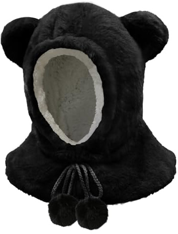 JFAN vintermössa barn varm halsduk mössa med fleecefoder plysch beanie björn mössa halsduk 2 i 1 med tofs dragsko för pojkar flickor, svart, one size