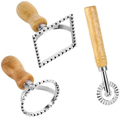 Ravioli Cutter Set - Stamp Maker with Wooden Handle Pasta Cutter Wheel and Mold for Home Kitchen DIY