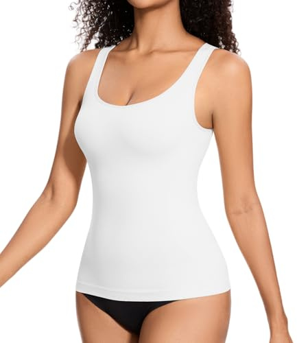 ONEW Compressions Tank Top for Women Tummy Control Shapewear Top Waist Trainer Cami Vest with Wide Straps,White,S