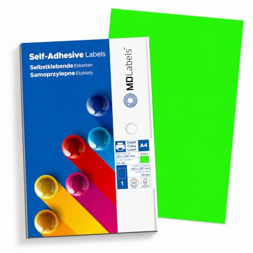 MD Labels Etichette adesive universali, DIN A4, stampabili, in verde fluo, 210 x 297 mm, 50 etichette