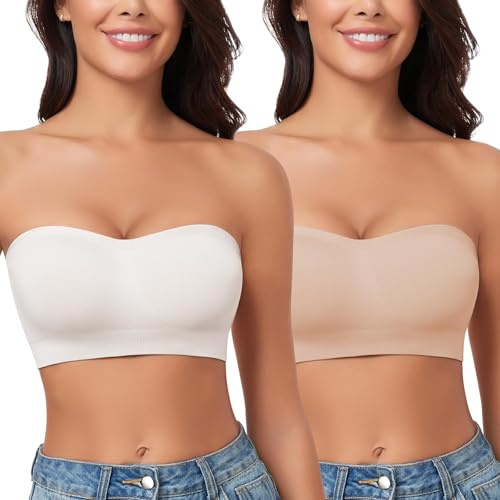 WOWENY Strapless Bandeau Bra Padded for Women Seamless Non Wired Bralette Boob Tube Non-Slip Silicone Bras with Transparent Straps(Beige+White, L)