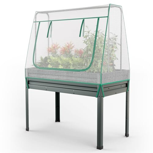 COSTWAY Huerto Urbano Elevado 3 en 1 con Cubierta, Caja de Plantas Elevada de Metal Galvanizado con Patas, Agujeros de Drenaje, Jardinera para Patio y Balcón para Flores, Hierbas y Plantas