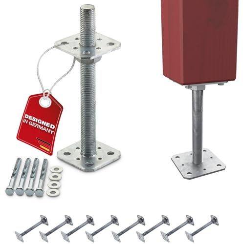 SOTECH set med 8 stolpstöd 80 x 80 x 250 mm gänga M24 stål varmförzinkad stolpbotten höjdjusterbar stolphållare för påskruvning väderbeständig