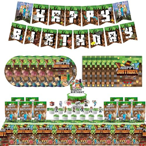 Ezydka Set di Decorazioni per Feste di Compleanno Pixel, Set di Stoviglie per Feste per Bambini Ragazzi, con Tovaglia, Stoviglie, Tovaglioli, Sacchetto Regalo, Decorazione per Torta, Banner per