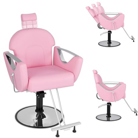 GYMAX Poltrona da Parrucchiere, Poltrona da Salone Girevole a 360° con Schienale, Altezza & Poggiatesta Regolabili, Sedia Reclinabile con Pompa Idraulica, Attrezzatura per Barbiere Tatuaggio
