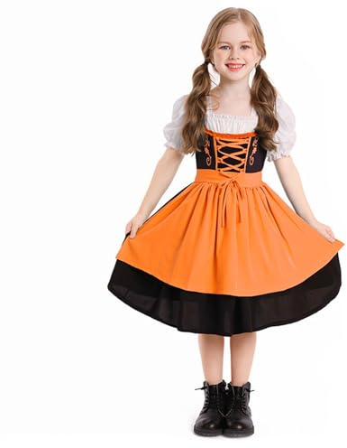 Generico Abito Dirndl Oktoberfest da Ragazze Vestito Tradizionale Dirndl Bambina Tradizionale Tedesco Costume Abiti Birra Bavarniano Vestiti Tirolese Gonna Corta per Oktoberfest Carneval (Orange, M)
