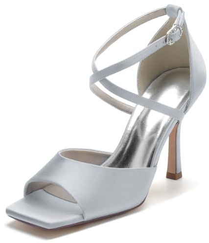 Gycdwjh 9.5cm Mode Chaussures De Mariée Blanches Peep Toe Strass en Plis Satin Haut Talons Pompes Bout Carré Lacets Cross Ankle Strap Sandales,Argent,40 EU