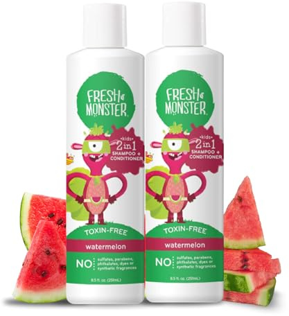 Fresh Monster 2-in-1 Kids Shampoo & Conditioner, Toxin-Free, Hypoallergenic, Tear-free Shampoo & Conditioner for Kids, Watermelon (2 Pack, 8.5oz/each)