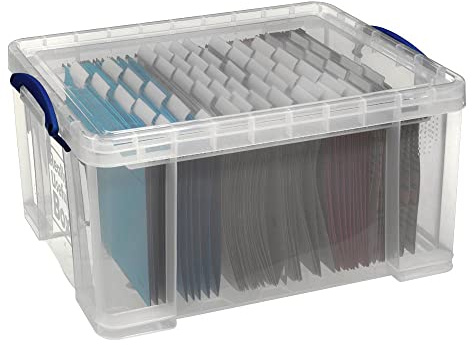 Really Useful Box Transparente Aufbewahrungsbox 60,0 x 40,0 x 31,5 cm, 48 Liter, Stapelbar, Transparent, Rechteckig, Schnappdeckel, Für Bürogebrauch, Dokumentenlagerung und -organisation
