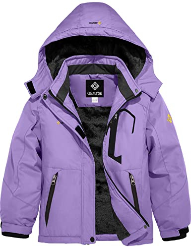 GEMYSE Girl's Waterproof Ski Snow Jacket Fleece Windproof Winter Jacket with Hood (Light Purple,10/12)