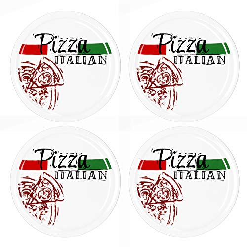 MamboCat 4-er Set Pizzateller Pizza Italian Ø 30,5 cm große weiße Teller aus Steingut zum Anrichten für Pizza und Co oder als Steingutplatte zum Servieren von Wurst und Käse I Pizza Teller mit Motiv