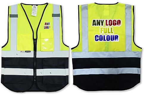 UNIGIFT Personalisierte Salzmann 3M Warnweste mit mehrfarbigem Logo und mehreren Taschen, hergestellt mit 3M Reflektierendem Material - Gelb Marineblau hochsichtbar Sicherheitsweste Arbeitsweste