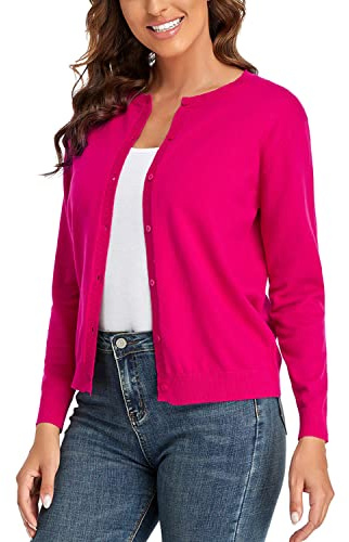 CUNYI Cardigan Donna Maglia con Bottoni Girocollo Classico Manica Lunga Giacca Cappotto Elegante, Rosa Scuro L