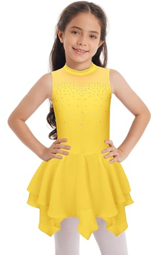 Freebily Abito da Pattinaggio Artistico Bambina Abito da Balletto Ballo Lirico Contemporaneo Latino Body Ginnastica Artistica Vestito Danza Classica Ballerina Samba Rumba Giallo 7-8 anni