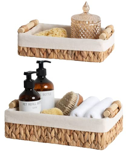 StorageWorks Water Hyacinth Baskets for Organising, Wicker Organiser Boxes, Narrow Storage Baskets with Wooden Handles, Rectangle Storage Boxes with Liner for Bathroom Shelves, Set of 2
