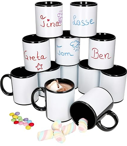 MamboCat Carina 12er Set Mehrwegbecher schwarz I 300 ml I zum Beschriften & Bemalen I Porzellan-Kaffeebecher mit Henkel für 12 Personen I Tassen für Heißgetränke wie Tee, Kakao & Co