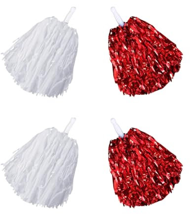 Pompons aus Metallfolie, Kunststoff, Cheerleader-Pompons, Sport-Team-Pompons, Geist-Cheerleader-Pompons, Cheerleading-Poms mit Griff, Weiß und Rot, 4 Stück