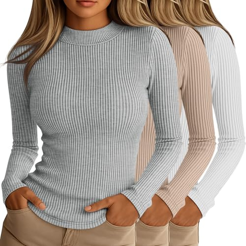 Riyiper 3 Pack Women's Ribbed Shirts, Mock Turtleneck Long Sleeve Tops Slim Fitted Undershirts Casual Basic Layering Tees(White, Cream, Light Gray,Medium)
