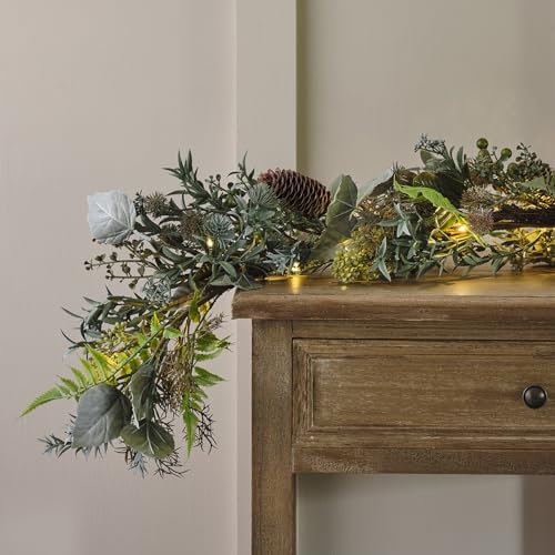 Lights4fun 1.5m Artificial Pre Lit Realistic Christmas Autumn Winter Mixed Foliage Garland with Pinecone & Berries Indoor & Outdoor Decoration